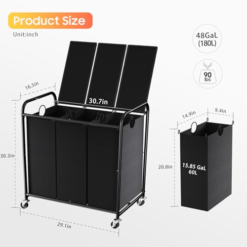 180L Laundry Sorter 3 Section, Rolling Laundry Basket with Wheels and Lid - color: Black-3Sec, size: 47.55Gal