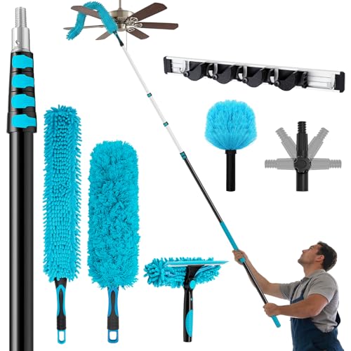36 ft High Reach Duster Kit, 6 Attachments, Fan Cleaner, Blue - color: Blue, size: 7-30 ft