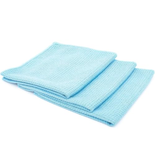 The Rag Company - Standard Waffle Weave Towels, Microfiber Detailing, Window/Glass and Drying, Wax & Polish, Lint-Free, Streak-Free, 370gsm, 16in x 16in, Light Blue (3-Pack) - color: Light Blue, size: 16in x 16in