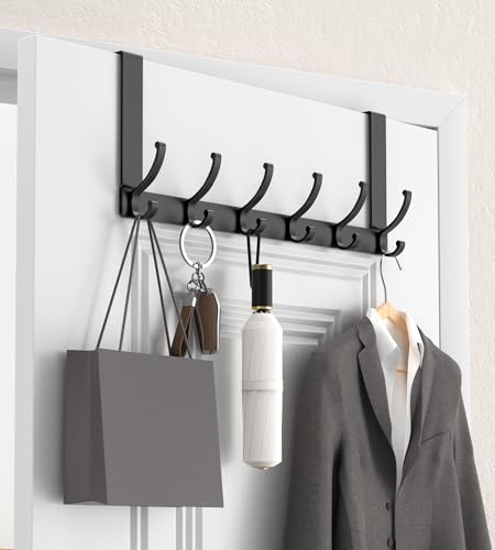 KitchLife Over The Door Hooks Hanger with 7 inches Extended Arms, Fits 1 3/4" Doors, F18U, Bathroom Towel Rack Organization, Thickened 6-Double Hook, Matte Black - color: Matte Black, size: Fits 1 3/4" Doors with 7" Arms