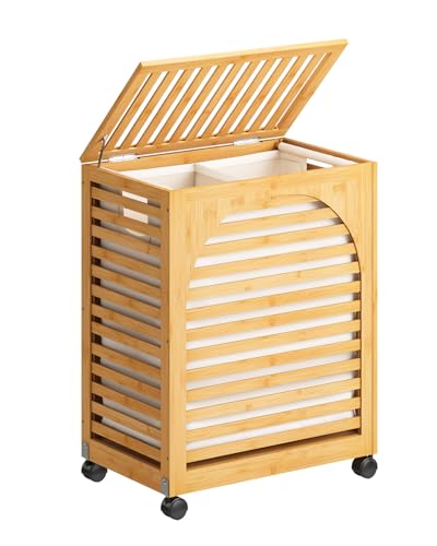 Laundry Hamper with Wheels, Large Laundry Basket with Lid, 27.3 Gallon (103.4L) Bamboo Wood Clothes Laundry Hamper 2 Section with Handles, Removable Liner - color: Natural, size: Large