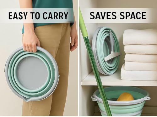 Collapsible Bucket, 10L 2.6 Gallon Foldable Water Pail for Household Outdoor Camping Beach Car Washing, Space Saving Portable Storage Tub. Includes Squeegee.