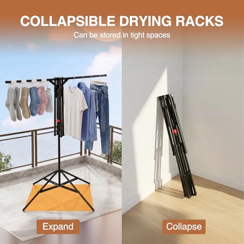 4-Leg Clothes Drying Rack with 6 Adjustable Poles, 20 Windproof Hooks and 2 Sock Clips Foldable Laundry Drying Rack, Space-Saving Indoor/Outdoor Clothes No-Installation Drying Stand, Black