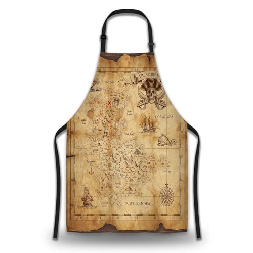 Baking Apron for Women Pirate Treasure Map Fun Aprons for Men for Kitchen Cooking Restaurant BBQ Painting Crafting 27” (W) x 31” (H), Waterproof Aprons - color: Pirate Treasure Map
