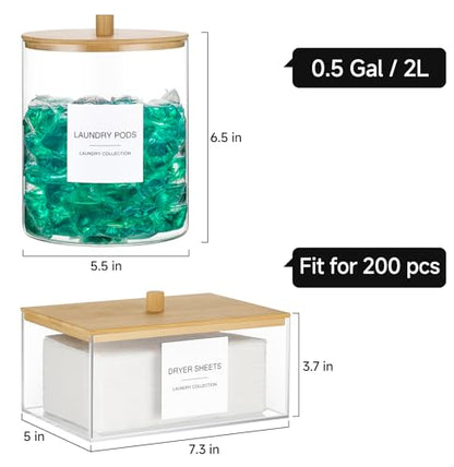 3 Pack Glass Jars and Acrylic Dryer Sheet Holder, Laundry Pods Container with Bamboo Lid and Measuring Cups for Laundry Room Organization, Powder Detergent Containers - color: White