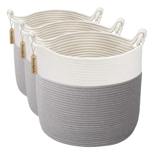 Goodpick Toy Basket for Kids, Woven Rope Blanket Basket for Living Room Nursery Baby Laundry Baskets for Organizing Clothes, Gray (Pack of 3) - color: Grey, size: 15 × 14.2 inches (Pack of 3)
