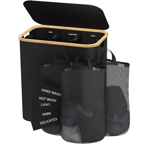 160L Laundry Hamper with Lid, 3 Section Laundry Basket with 3 Removable Bag - color: Black, size: 160L