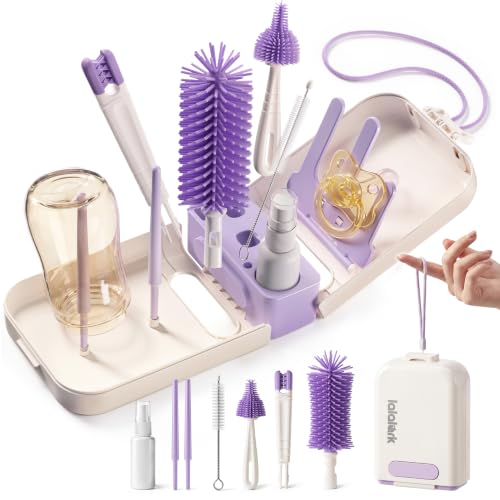 lalalark 7-in-1 Portable Baby Bottle Brush Kit, Silicone Cleaner, Purple - color: Purple