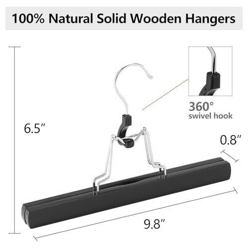 AMKUFO 12 Pack Black Wooden Pants Hangers with Clips Non Slip Skirt Hangers Trouser Clamp Hanger Solid Wood Hanger with 360° Swivel Hook - color: Black, size: 12 Pack