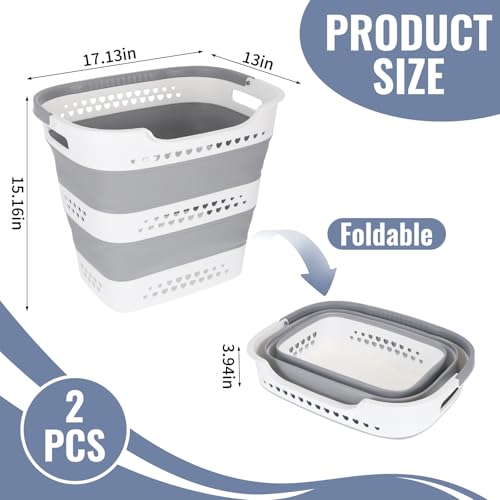 2 Pcs Collapsible Laundry Baskets, 43L Plastic Laundry Hamper for Dirty Clothes Dorm Bedroom, Space Saving Pop-Up Laundry Hamper Container, Foldable Durable Laundry Basket with Handle