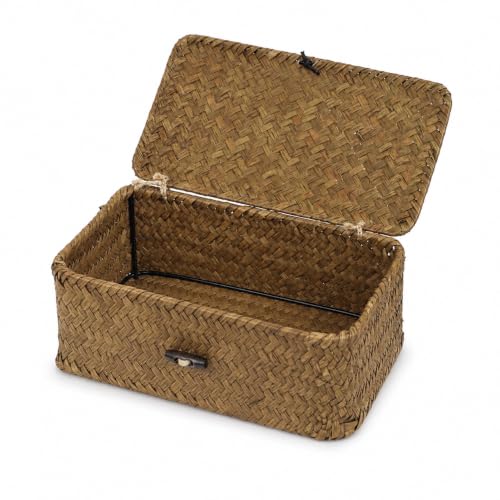 Seagrass Wicker Storage Basket with Lid, Small, Black - color: Coffee, size: 9.05" x 5.11" x 3.34"