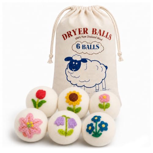 Wool Dryer Balls 6 Pack, New Zealand, Reusable Natural Fabric Softener - color: White-flower
