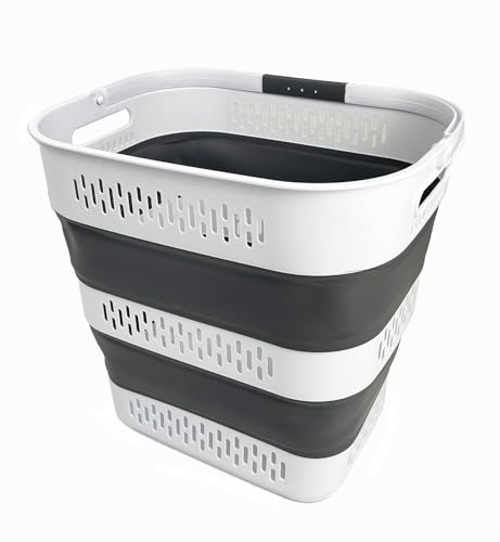 SAMMART 40L (10.5 Gallon) Collapsible Plastic Laundry Basket with Handles - Foldable Pop Up Storage Container/Organizer - Portable Laundry Hamper - Space Saving (1, White/Steel Grey) - color: White/Steel Grey
