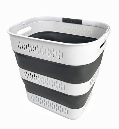 SAMMART 40L (10.5 Gallon) Collapsible Plastic Laundry Basket with Handles - Foldable Pop Up Storage Container/Organizer - Portable Laundry Hamper - Space Saving (1, White/Steel Grey) - color: White/Steel Grey