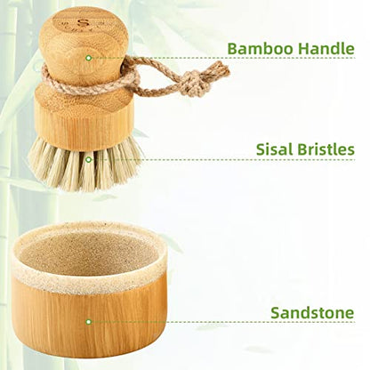 SUBEKYU Bamboo Dish Scrub Brush,Produce Brush,2 Pack with Holder - color: Sandstone Base + 2p Sisal Brushes, size: Regular size