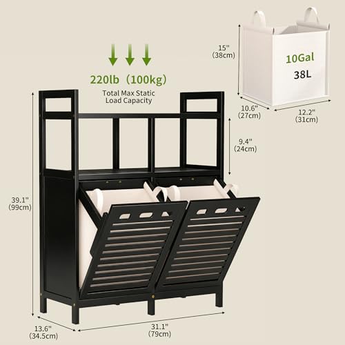 VASMIA Tilt Out Laundry Hamper Cabinet, Bamboo Double Laundry Hamper with 2 Removable Laundry Baskets, 20 Gal Laundry Sorter Organizer with Shelf for Dirty Clothes, Bathroom, Laundry Room, Natural - color: Black, size: 31.1"L x 13.6"W x 39.1"H