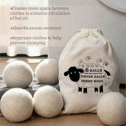 Wool Dryer Balls, 6-Pack, Natural Fabric Softener, Reusable