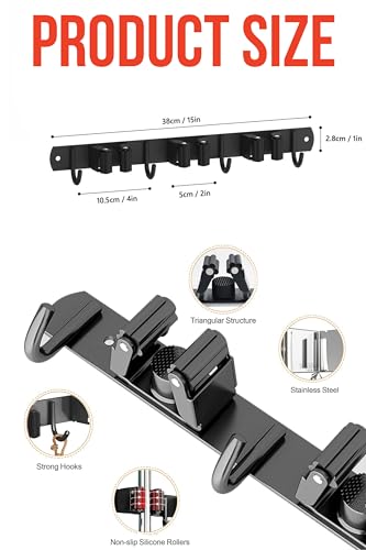 2 Pack Mop and Broom Holder Wall Mount, Upgraded Broom Hanger Wall Mount, Stainless Steel Broom Organizer for Closet Garage Laundry Room Kitchen Wall Decor Black 3R4H - color: Black, size: 2Pack 3Racks 4Hooks