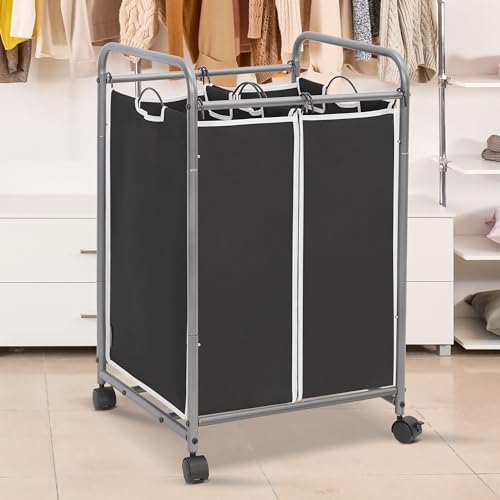 STORAGE MANIAC Laundry Sorter 2 Section, 90L (23.7Gal) Laundry Hamper with Wheels, Clothes Basket Separator Sorter, 2 Bag Cart and Removable Bags for Closet, Dorm, Collage, Black - color: Black, size: 2 Section