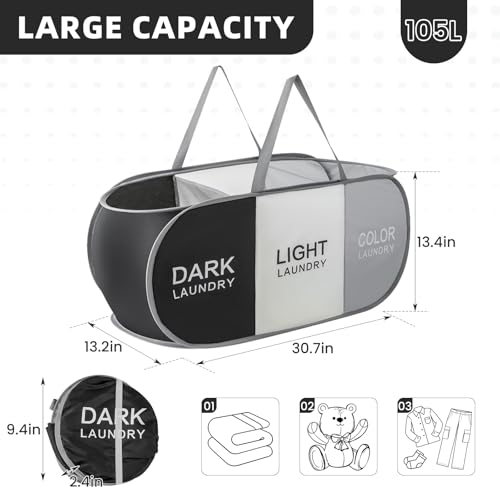 Collapsible Laundry Baskets with 3 Compartments, Black + Grey + Begie - color: Black + Grey + Begie