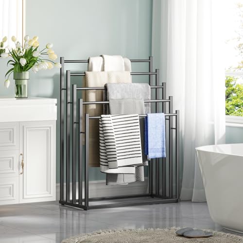 Honiter Towel Racks for Bathroom, 5 Tier Wide Towel Drying Rack Outdoor, Free Standing Towel Rack, Pool Towel Blanket Stand and Display Rack for Oversized Bath Towels - color: Black, size: 5 Tier