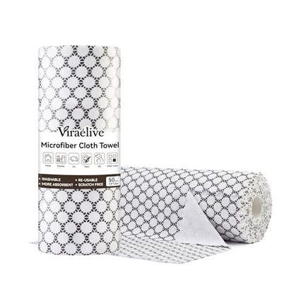 Viraelive Microfiber Cleaning Cloth Roll, 50 Sheets, White Waffle, 12"x12" - color: White Dots
