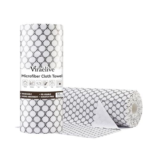 Viraelive Microfiber Cleaning Cloth Roll, 50 Sheets, White Waffle, 12"x12" - color: White Dots