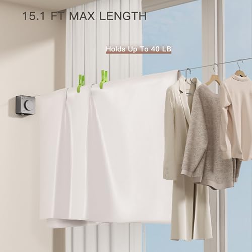 Retractable Clothesline Indoor Outdoor, Clothes Line Retracting Indoor, Retractable Clothes Line Wall Mounted Drying Rack Clothing Line, Laundry Line with Stainless Steel Line-15.1 Feets(Grey) - color: Black