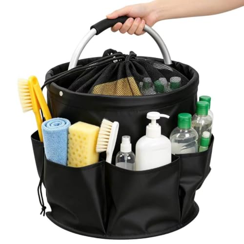 Cleaning Caddy with Handle, 17L Cleaning Products Organiser, Portable Cleaning Caddy with 7 Pockets, Foldable Storage Basket for Cleaning Products, Home, Garden & Household Supplies