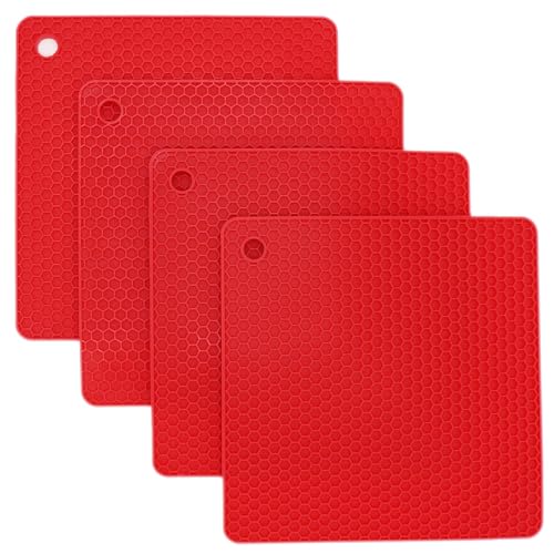 Silicone Trivets Mats, Hot Pads for Pot Holder, Square Trivets for Dishes, Pots and Pans, Multi-Purpose Kitchen Counter Pads, Non-Slip Heat Resistant Mats Set 4 Red - color: B05: Square-red