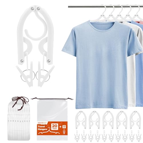 HOUSE DAY White Travel Hangers with Clips, 20 Pack Foldable Clothes Hangers - color: White, size: 20 Pack + 10 x Clips + 2 x Storage bag