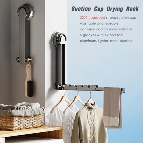 Foldaway Clothes Wall Mounted Drying Rack with Suction Cup,All Metal in Space Aluminum, Foldable, Retractable, Portable for Laundry (Grey) - color: Gray