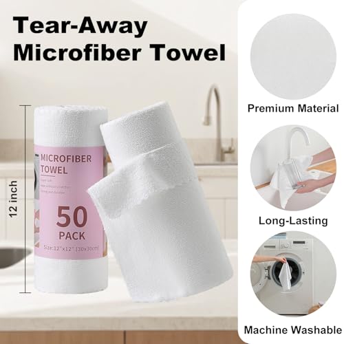 Jessy Home 2 Roll Reusable Paper Towels,100 Sheets Tear Away Microfiber Cleaning Cloth, Lint Free Cleaning Rags for Kitchen, Dishcloth,Household Cleaning Supplies - color: White