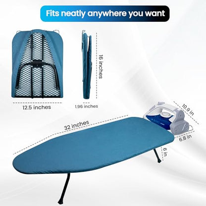 Metal Mesh Panel Tabletop Ironing Board | Foldable Iron Board | Heavy Duty Small Iron Board with Heat Resistant Cover and 100% Cotton 8mm Thicken Pad (Blue) - color: Blue