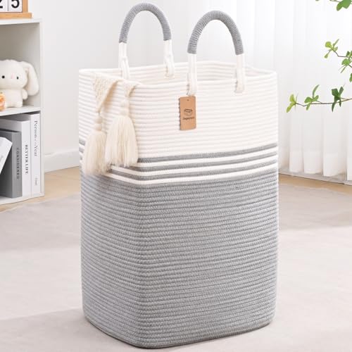 Laundry Basket Hamper,Blanket Storage,Dirty Clothes Hamper with Swivel Handles,Woven Cotton Rope Toy Baskets,Blanket Basket Living Room,Decorative Hampers for Nursery,Bedroom,White & Gray,100L - color: White & Gray, size: 100L
