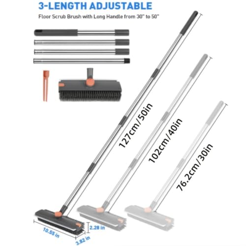 Floor Scrub V Brush with Long Handle, 4 in 1 Multi-Angle Swivel Right Angled Bristle Floor Scrubber Brush with Squeegee and Tweezer for Cleaning Tile Wall Deck Bathroom Patio Garage Kitchen