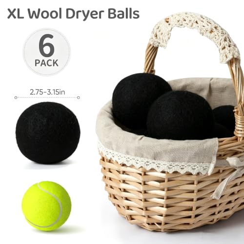 Wool Dryer Balls 6 Pack, Natural Fabric Softener, Dryer Balls Laundry Reusable, Reduces Clothing Wrinkles and Saves Drying Time (Pure Black) - color: Pure Black