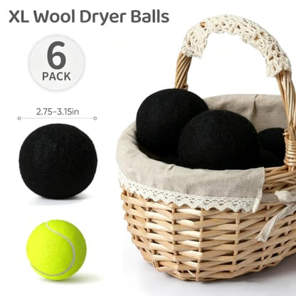 Wool Dryer Balls 6 Pack, Natural Fabric Softener, Dryer Balls Laundry Reusable, Reduces Clothing Wrinkles and Saves Drying Time (Pure Black) - color: Pure Black