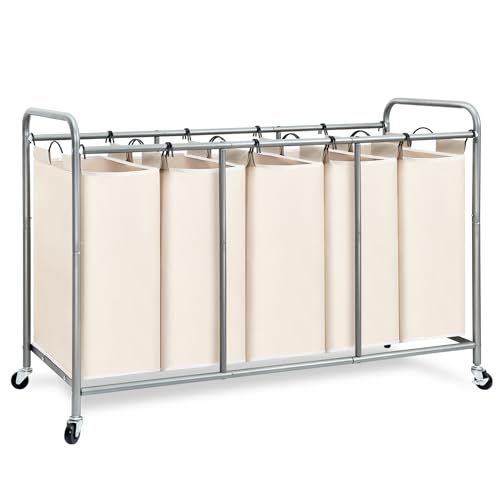 STORAGE MANIAC 5 Section Laundry Sorter, 5 Bins Rolling Separator Laundry Basket, Dirty Clothes Hamper Divider with Heavy Duty Lockable Wheels, Large Clothes Organizer Cart, Beige - color: Beige, size: 5 Section