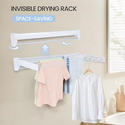 Wall Mounted Clothes Drying Rack 27.56", Foldable Retractable Garment Hanger with Towel Pole, Heavy Duty Space Saving Laundry Drying Rack for Balcony, Laundry Room, Bedroom, Bathroom (With towel pole) - size: With towel pole