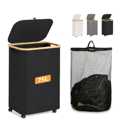 Slim Laundry Hamper with Wheels 75L with Removable Wash Bag Black - color: Black