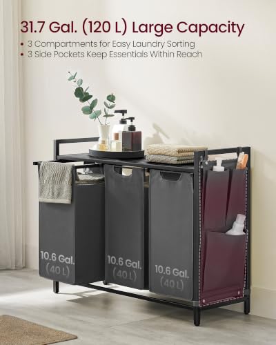 VASAGLE Laundry Hamper with Shelf, 3 Pull-Out Bags, 3 x 10.6 Gallons (40 L) - color: Slate Gray + Charcoal Gray, size: 3 Bags - 120 L