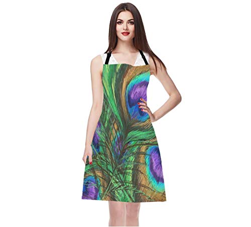 EKOBLA Peacock Feathers Aprons Animal Beautiful Colorful Digital Paint Shiny Green Purple Waterproof Resistant Chef Cooking Kitchen BBQ Adjustable Aprons for Women Men 27x31 Inch - color: Multi-a05