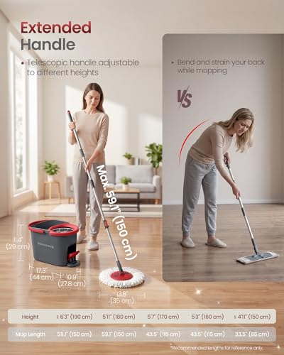 SONGMICS Spin Mop and Bucket Set with Pedal Wringer, 2 Microfiber Pads - color: Gray + Red, size: 2 Pads
