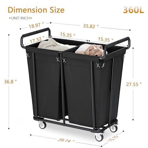 Gewudraw Heavy Duty Laundry Hamper with Wheels 2 Section, 360L, Black - color: Black, size: 2-Section-360L