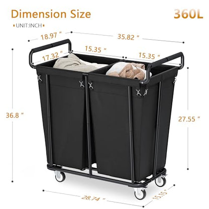 Gewudraw Heavy Duty Laundry Hamper with Wheels 2 Section, 360L, Black - color: Black, size: 2-Section-360L