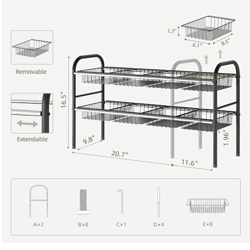 Under Sink Organizers and Storage,Expandable under cabinet organizer Shelf - size: 8 Metal Baskets