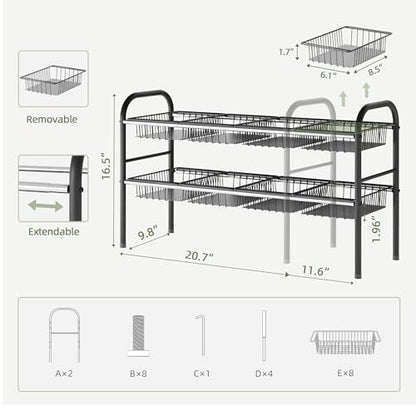 Under Sink Organizers and Storage,Expandable under cabinet organizer Shelf - size: 8 Metal Baskets