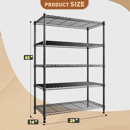 REIBII 63" H 5-Tier Heavy Duty Storage Shelves, 1020 lbs, 2-in-1 Adjustable - size: 5 Tier-14"D x 29"W x 63"H