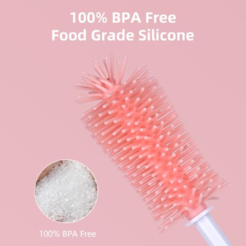 Silicone Bottle Brush Set, Baby Bottle Cleaning Kit with Silicone Brush, Nipple & Straw Brush - BPA-Free Dishwasher Safe Portable Bottle Cleaner - color: Pink
